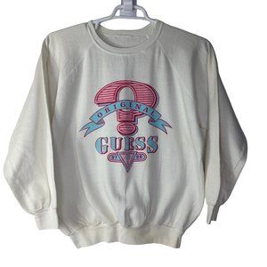 Vintage Guess Women's XL Sweatshirt Crewneck White Pink 80s Graphic